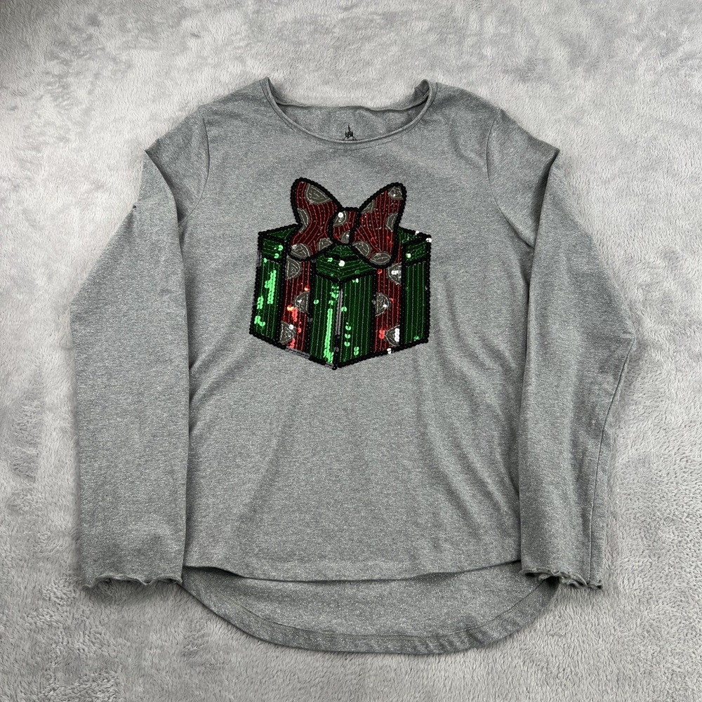 Disney Parks Sequin Gift Box Long Sleeve Top L Gray Holiday Flip Sequin Shirt